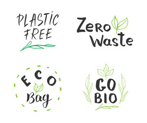Eco and Bio Hand Drawn labels Set. Calligraphic Letterings with eco friendly sketch doodle elements. Vector illustration