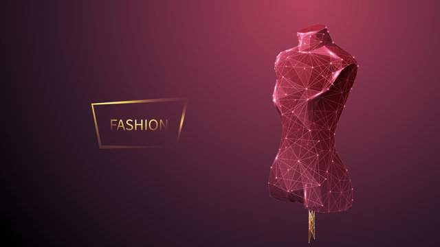 Fashion low poly wireframe vector banner template. Polygonal 3D mannequin. Clothes designer workshop, dressmaker atelier mesh art illustration. Fashionable boutique. Connected dots with lines 