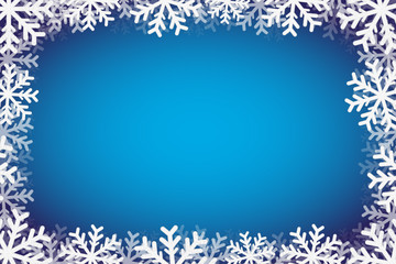 Christmas blue background and frame of white snowflakes. Vector drawing. Texture.