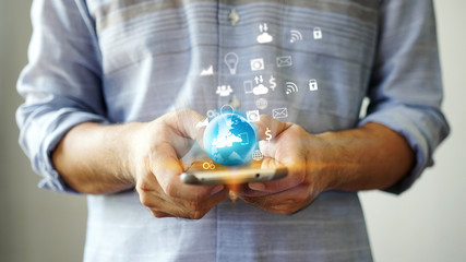 Hand using smartphone connecting to internet, Social media concept.