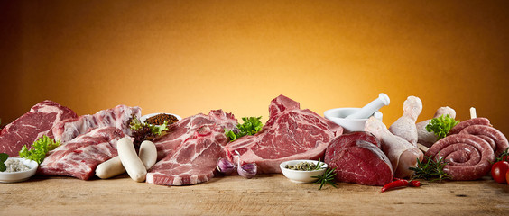 Panorama banner with assortment of meat for BBQ