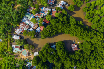 Aerial drone image of beautiful rural town of Menggatal Town, Sabah, Malaysia