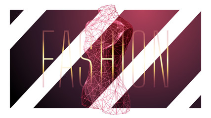 Fashion low poly wireframe banner template. Polygonal 3D female mannequin. Clothes designer workshop mesh art illustration. Dressmaker studio, tailor atelier. Connected dots with lines 