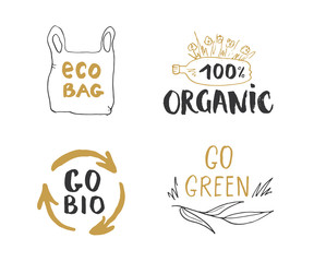 Eco and Bio Hand Drawn labels Set. Calligraphic Letterings with eco friendly sketch doodle elements. Vector illustration