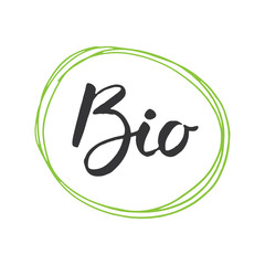 Bio Lettering label. Calligraphic Hand Drawn eco friendly sketch doodle. Vector illustration