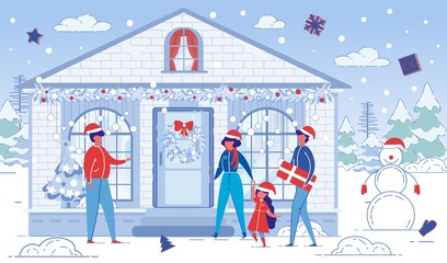 Cartoon Family Visits Friends on Christmas Holiday