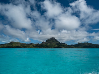 Blue lagoon and Otemanu mountain at Bora Bora island, Tahiti, French Polynesia.