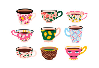 Set of various cups with tea or coffee. Side view. Different ornaments. Flowers, berries, etc Hand drawn colored trendy vector illustration. Cartoon style. Flat design. Isolated on a white background