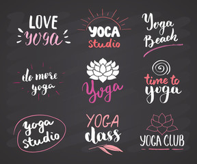 Yoga Hand Drawn labels Set. Calligraphic Letterings with sketch doodle elements. Vector illustration on chalkboard background