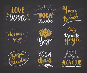 Yoga Hand Drawn labels Set. Calligraphic Letterings with sketch doodle elements. Vector illustration on chalkboard background