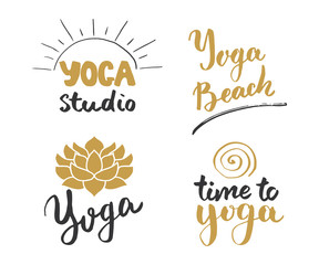 Yoga Hand Drawn labels Set. Calligraphic Letterings with sketch doodle elements. Vector illustration