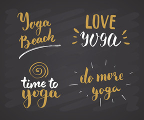 Fototapeta na wymiar Yoga Hand Drawn labels Set. Calligraphic Letterings with sketch doodle elements. Vector illustration on chalkboard background