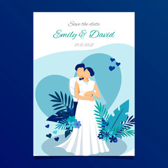 Wedding invitation with couple on blue background with hearts and tropical leaves. Wedding invitation template. Vector
