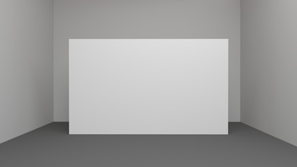 Blank white poster on white wall in empty loft room with concrete floor and big windows, mock up 3D Render