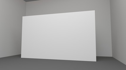 Blank white poster on white wall in empty loft room with concrete floor and big windows, mock up 3D Render