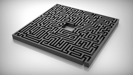 Black labyrinth maze on white gloss surface. 3D Illustration
