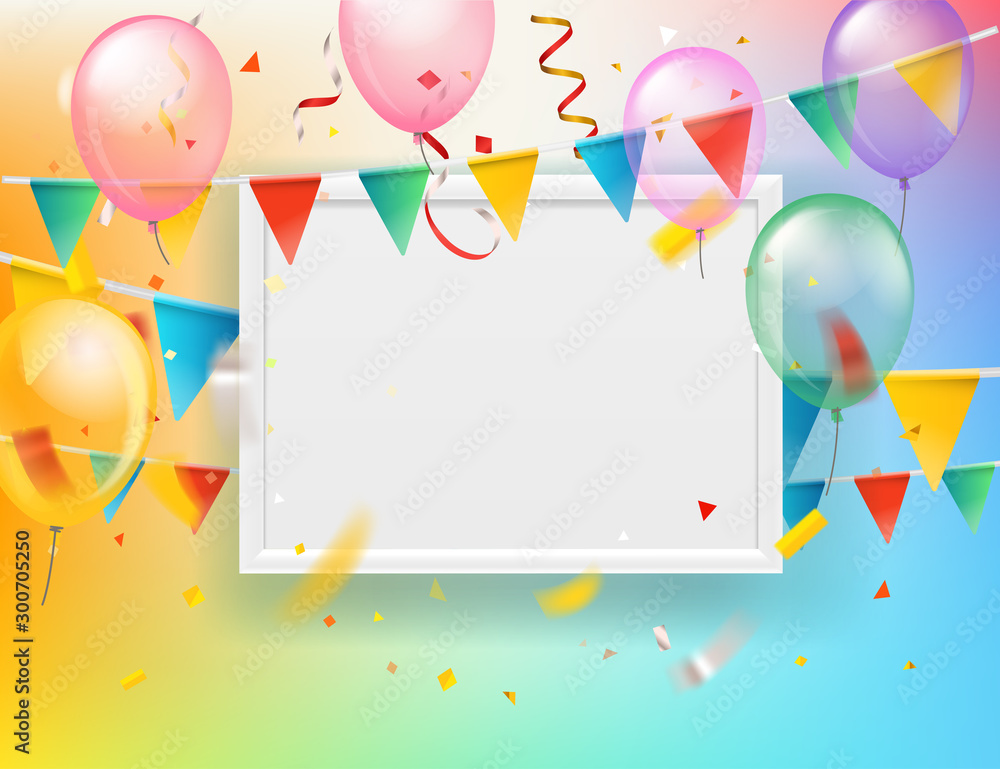 Aufkleber color ballons and flags and confetti with blank white frame. vector greeting card template