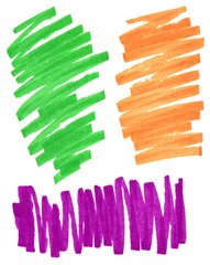 Green orange and purple abstract set stripes texture isolated on white background. Marker hand drawn illustration