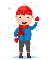 Boy in winter clothes waves and smiles. Character on a white.