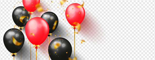 Red and black balloons with sparkles and flying confetti isolated on transparent background. Festive vector illustration.