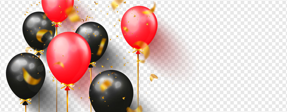 Red And Black Balloons With Sparkles And Flying Confetti Isolated On Transparent Background. Festive Vector Illustration.