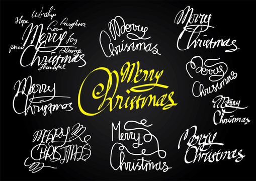 Merry christmas doodle hand writing set for greeting cards or gift wrapping with script font style