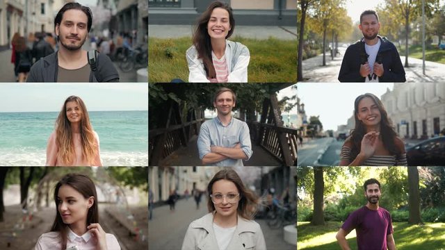 Collage portrait of mix raced young professionals or students, happy young international group, man and woman smiling, happy people