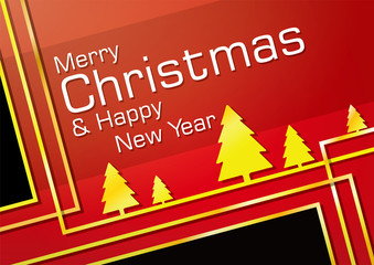 Simple christmas card with flat lines & trees style on red background