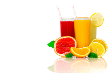 Healthy fruit smoothies, orange, lemon, and grape drinks with straw. Drink, health, juice, lifestyle concepts.