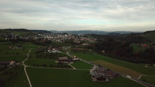 Aerial view over a small town in Switzerland