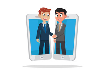 Cartoon character, Business Partners come out of smartphones and handshake.