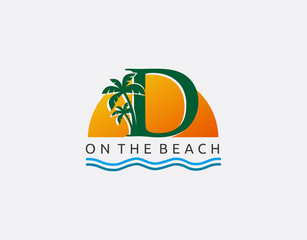 Fototapeta premium Sunset, Beach and Palm Tree Letter D Logo Icon. Perfect for surfing shop, sport, Tour and Travel. 