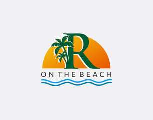 Fototapeta premium Sunset, Beach and Palm Tree Letter R Logo Icon. Perfect for surfing shop, sport, Tour and Travel. 