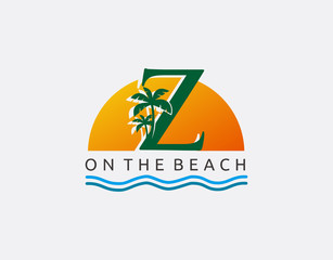 Sunset, Beach and Palm Tree Letter Z Logo Icon. Perfect for surfing shop, sport, Tour and Travel.  
