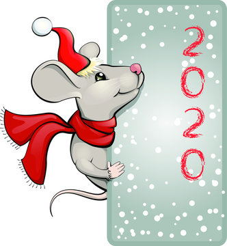 Rat in Santa Claus hat new year symbol 2020 colorful  illustration. Vector illustration for greeting cards, calendars, prints. Hand draw mouse for christmas design. Isolated on a white background