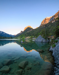Wonderful sunrise of Hintersee lake. Amazing morning view of Bavarian Alps on the Austrian border, Germany,