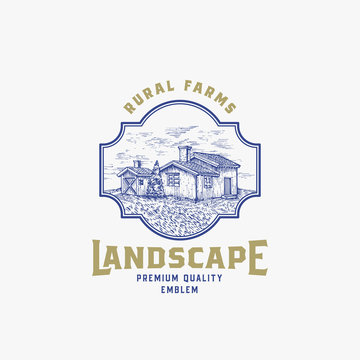 Abstract Vector Rural Farm Sign, Badge or Logo Template. Rustic Landscape Cabin Sketch in a Frame with Retro Typography. Countryside Buildings Vintage Emblem.