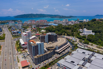 Kota Kinabalu, Sabah, Malaysia-September 28, 2019 : Aerial image of  Kota Kinabalu City during dramatic bad weather cloudy day at Kota Kinabalu City, Sabah, Malaysia