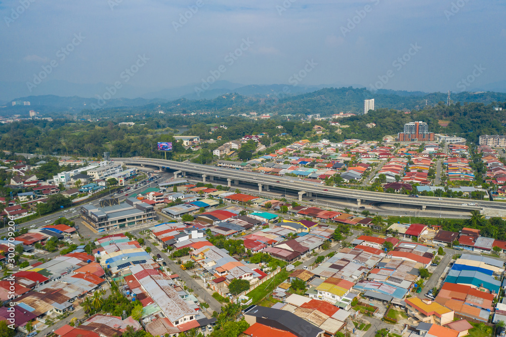 Wall mural Aerial top view of residential houses at Luyang Kota Kinabalu City Sabah, Borneo  - Wall murals