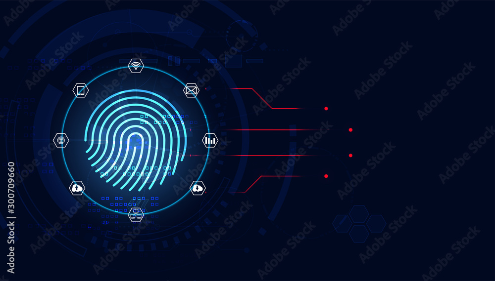 Poster blue abstract image that is futuristic with finger prints icons concept. theft detection prevention 