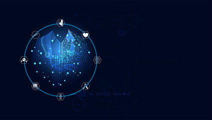 Abstract blue vector illustration with a futuristic concept. Medical treatment consists of blue digital doctor, medical icons such as brain medicine, DNA, medical equipment.