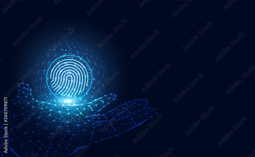 Poster blue abstract image that is futuristic with finger prints and digital wireframe concept. theft detec