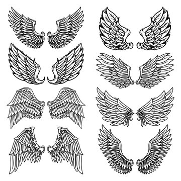Set of vintage retro wings angels and birds isolated vector illustration in tattoo style. Design element.