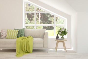 Mock up of stylish room in white color with sofa. Scandinavian interior design. 3D illustration