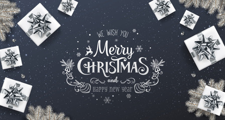 Merry Christmas and New Year Text on dark background with gift boxes, fir branches, silver bows, ribbons, decoration, sparkles, confetti, bokeh. Xmas holiday, realistic vector, top view