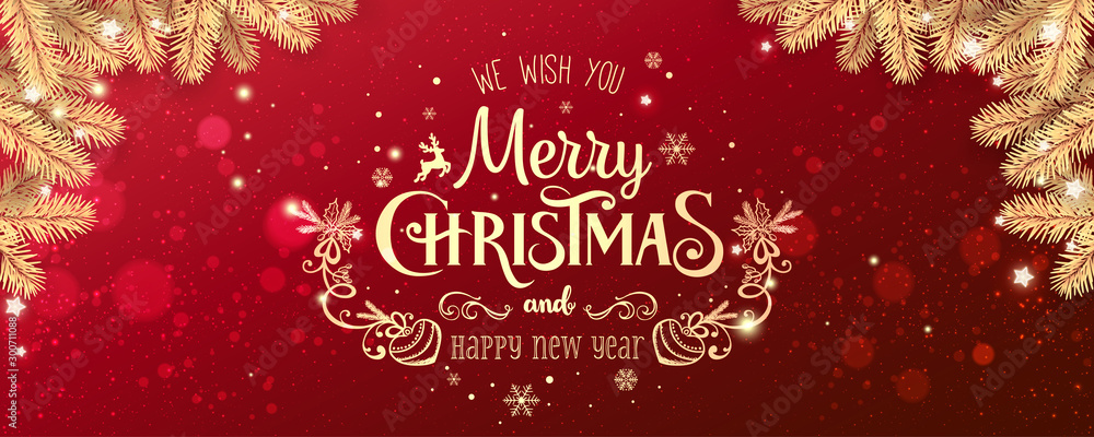 Wall mural gold christmas and new year typographical on red xmas background with winter landscape with snowflak