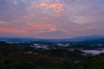Aerial drone image of Beautiful harmony romantic color sunrise landscape scenery with sunlight and...