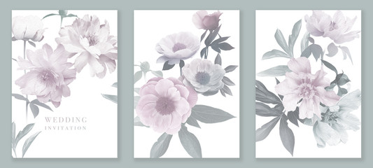 Garden flowers peonies. Vintage floral wedding cards set.