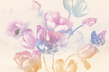 Naklejki  Bukiet wiosennych kwiatów ogrodowych tulipanów i motyli. Dekoracje kwiatowe. Tle przyrody. Ilustracja stylu malarstwa olejnego. Kolor pastelowy. Wzór na banery, karty, plakaty, zaproszenia ślubne.