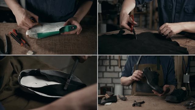 Collage shoes designing and cutting the pattern for the shoe parts with piece of leather in workshop for shoe manufacture. Multi camera of traditional vintage shoemaker craftsman working with leather